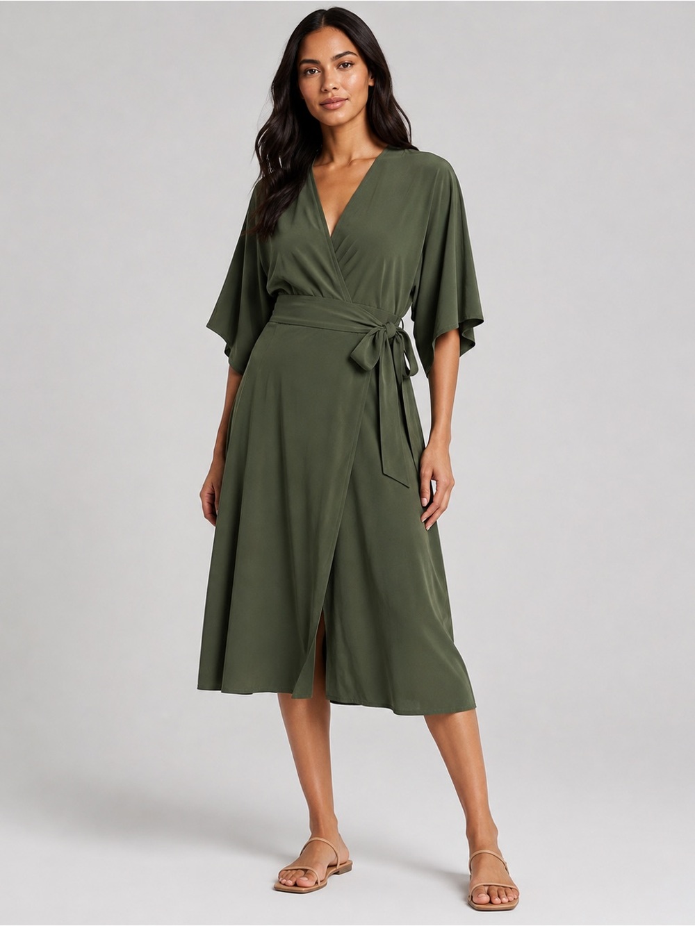 ATHLETA Calistoga Wrap Midi Dress M Tuscan Olive UPF 50+ Travel Resort Cruise